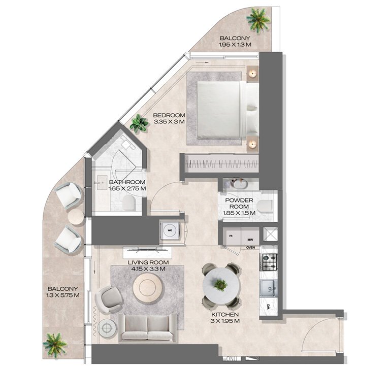 Modern 1 bedroom apartment floor plan layout with open living space