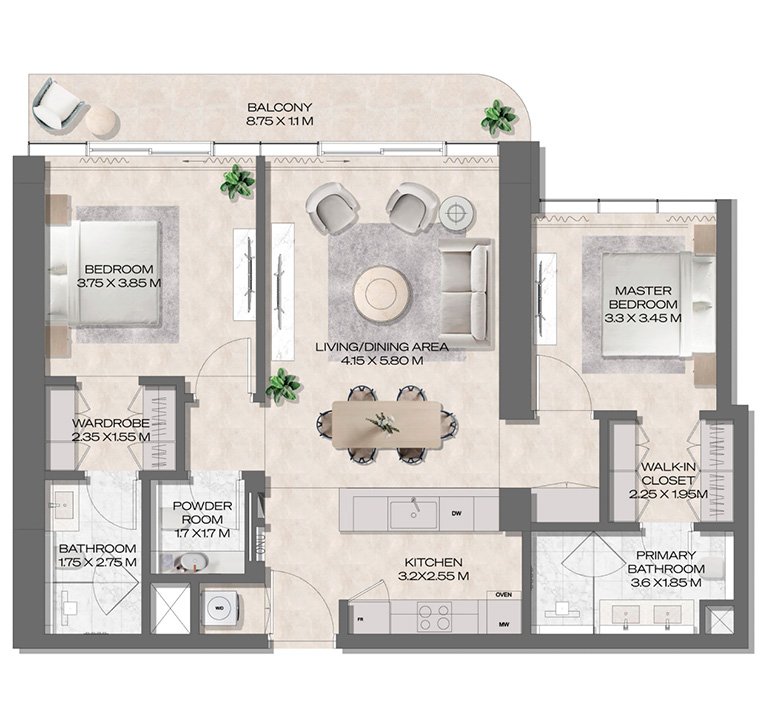 Spacious 2 bedroom floor plan with living room, kitchen, and balcony