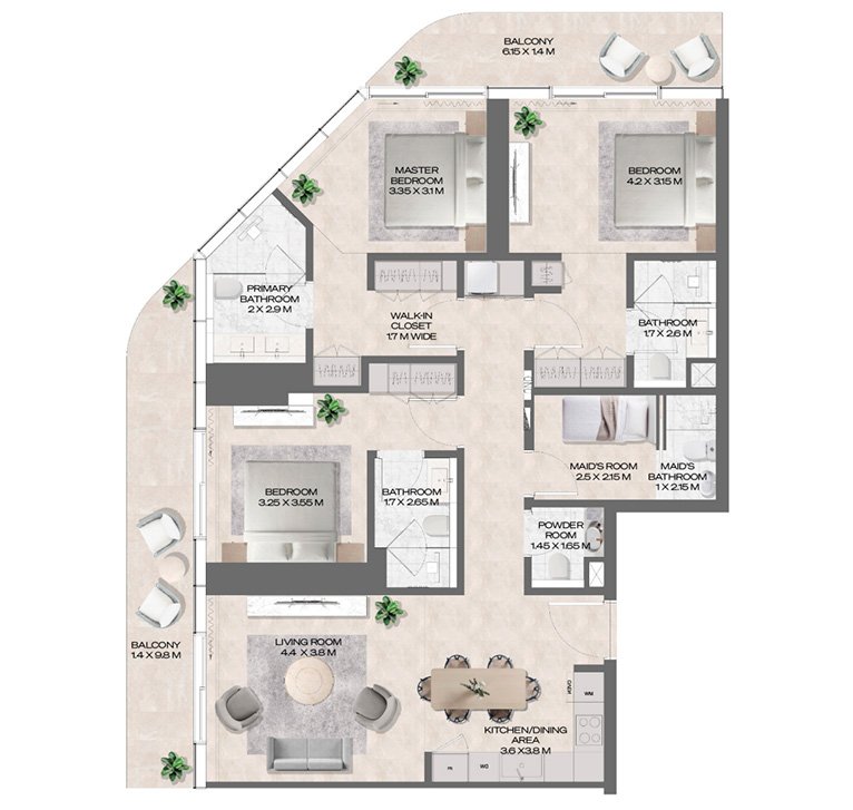 Contemporary 3 bedroom floor plan with master suite and family area