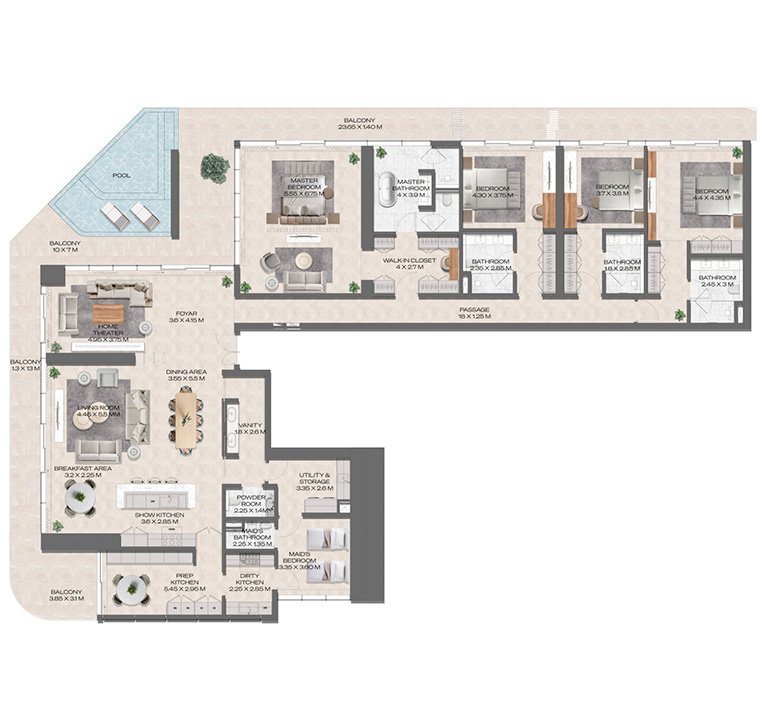 Elegant 4 bedroom apartment floor plan featuring multiple en-suites and large living spac